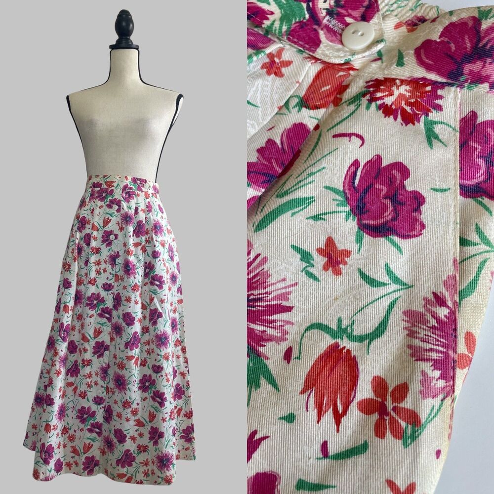 VTG  1980s Floral Midi Ankle Aline Pleated Skirt  Pockets  Size 10 Cottagecore